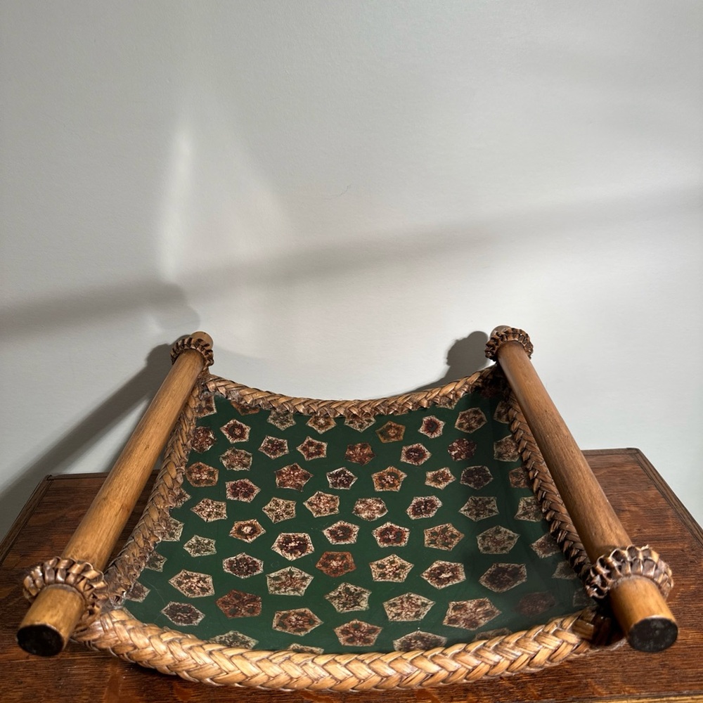 Palecek Rustic Tray 13”X13” Wood & Rattan Green With Geometric Shapes Design